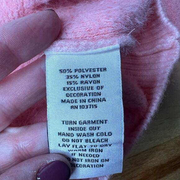 Nanette Lepore Soft Pink Fuzzy Flower & Pearl Crew Neck Sweater Size Small - Picture 11 of 11
